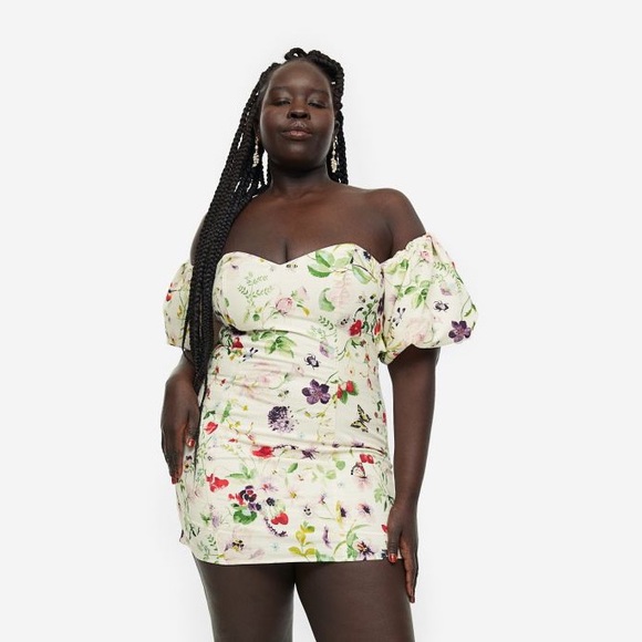 H&M Off-the-shoulder Puff-sleeve Cream Floral Dress - Picture 6 of 8